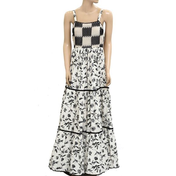 The Great Floral Printed Check Crochet Tiered Maxi Dress Cotton Lace S 279904